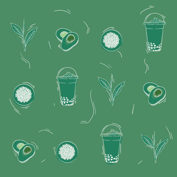 Green print pattern background with avocado line art and bubble tea design for drink advertising
