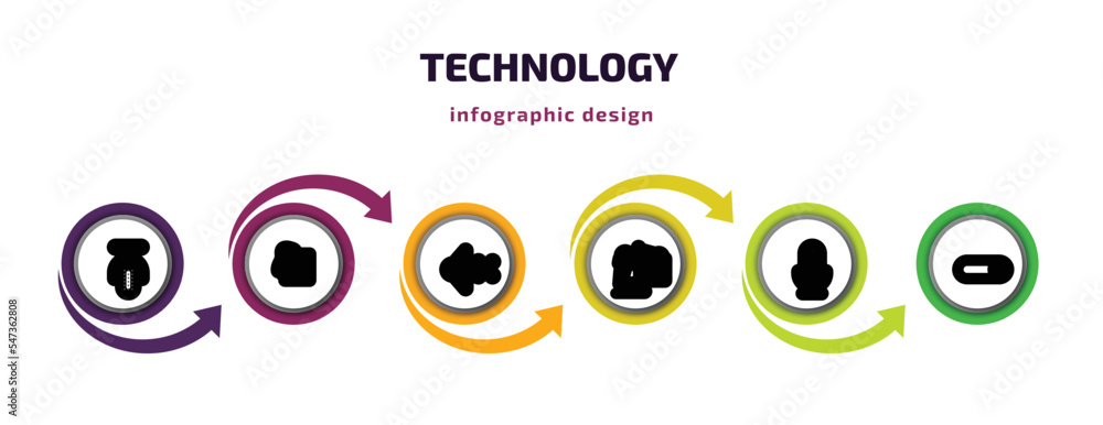 Poster technology infographic template with icons and 6 step or option. technology icons such as microphone