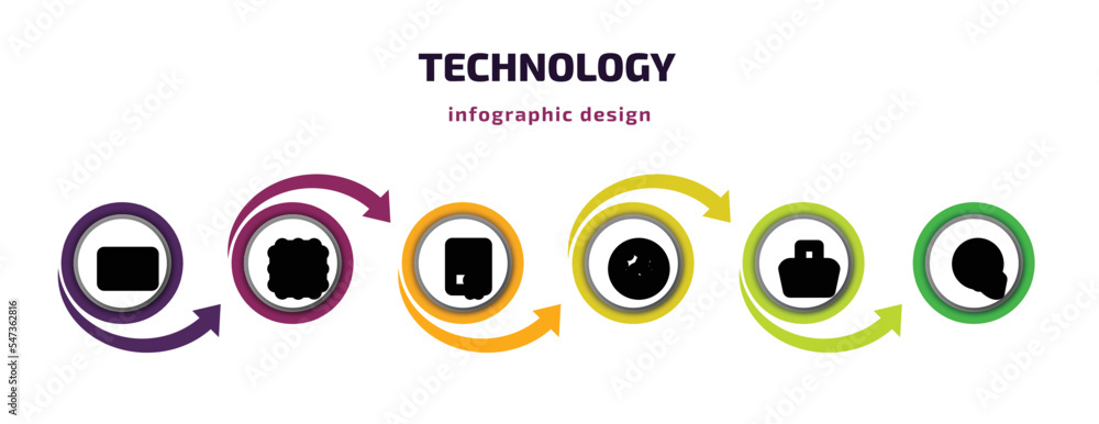 Poster technology infographic template with icons and 6 step or option. technology icons such as caste tape