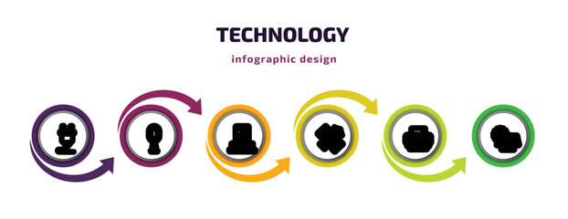 technology infographic template with icons and 6 step or option. technology icons such as plugs, vintage mic, dock, space satellite, printer tool, sun energy vector. can be used for banner, info