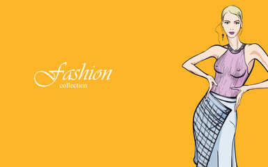 Beautiful young girl in stylish clothes. Fashion woman look. Sale concept. Hand-drawn fashion illustration. Cute girl in fashion clothes.