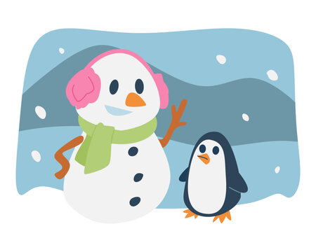 cute snowman greets penguin. wearing earmuffs, scarves. concept of winter, christmas. for templates, stickers, prints, stickers, etc. vector illustration.