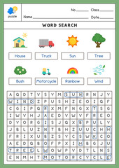 Word Search game About object Vocabulary exercises sheet kawaii doodle vector cartoon