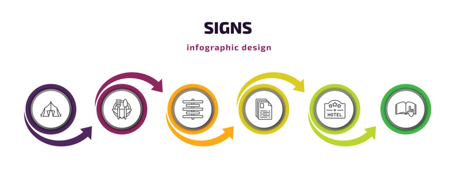 Signs Infographic Template With Icons And 6 Step Or Option. Signs Icons Such As Tent, Restaurant, Align Center, Text Documents, Square Hotel, Instruction Vector. Can Be Used For Banner, Info Graph,