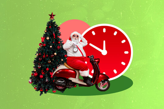 Photo artwork minimal picture of funky funny x-mas grandfather riding moped holding timer isolated drawing background