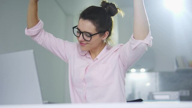 Extremely positive and active woman beginning her day from dances and good music, moving to the rhythm of favourite songs, morning rituals to good mood, charge of vivacity and energy
