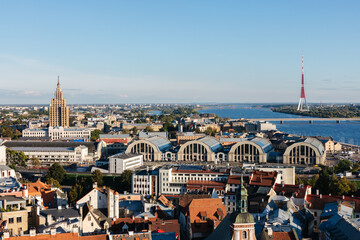 View over the city of Riga and the market hall.