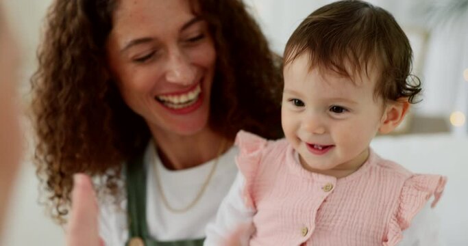 Doctor, wellness and high five with happy baby at pediatrician visit with young mother joyful for progress. Family, health and professional medical care worker with excited infant at consultation.