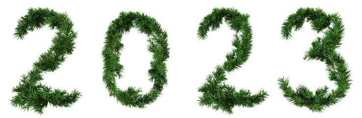 New Year's inscription 2023, made of young green spruce branches isolated on the alpha channel. A design element.