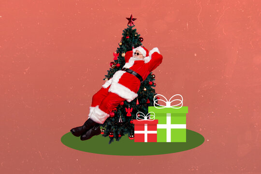 Creative collage photo illustration of relaxed dreamy satisfied santa lean back on christmas tree isolated on red color background