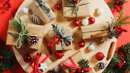 Christmas presents on circular wooden table