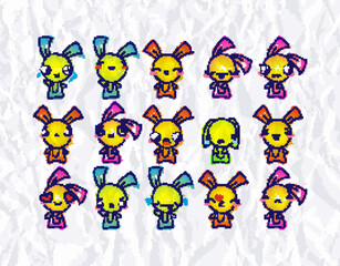 Set of Rustic Rabbits with Emoticons. Doodle faces, eyes and mouth. Caricature comic expressive emotions, smiling, crying and surprised character face expressions