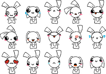 Set of Rustic Rabbits with Emoticons. Doodle faces, eyes and mouth. Caricature comic expressive emotions, smiling, crying and surprised character face expressions