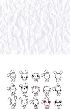 Set of Rustic Rabbits with Emoticons. Doodle faces, eyes and mouth. Caricature comic expressive emotions, smiling, crying and surprised character face expressions