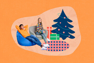 Creative photo 3d collage postcard poster picture of two funny person staying home enjoying holiday...
