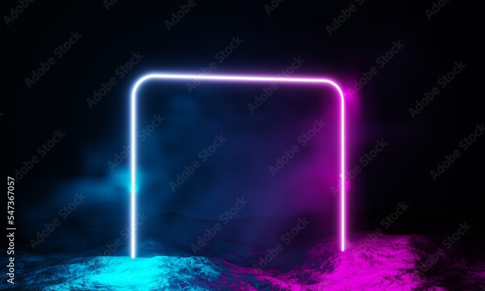 Poster 3d futuristic glowing neon on dark background with light reflection. 3d rendering neon portal concep