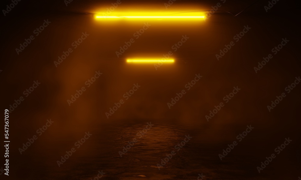 Poster yellow neon light rays in the dark room. abstract dark background with neon light. 3d rendering empt