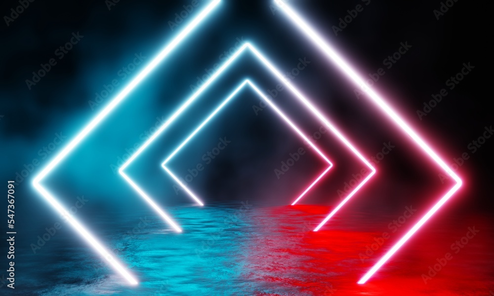 Poster foggy scene with neon light concept on dark background. 3d rendering abstract background