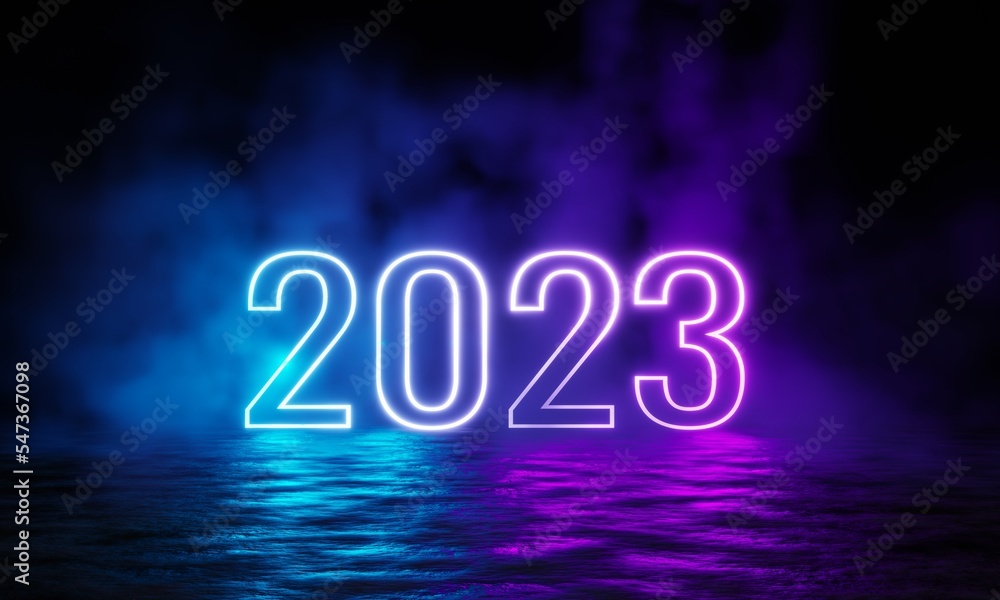 Poster 3d rendering 2023 word text with neon style on dark and foggy background. 3d new year illustration