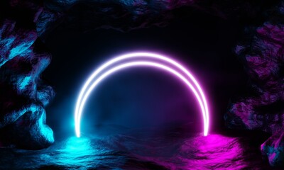 futuristic neon portal concept on dark background with reflection of neon light on hard surface. 3d rendering illustration