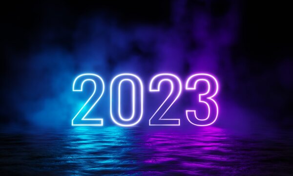 3d rendering 2023 word text with neon style on dark and foggy background. 3d new year illustration