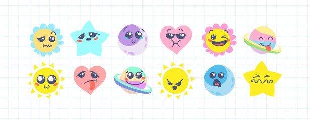 Various Cartoon Emoticons Set. Doodle faces, eyes and mouth. Caricature comic expressive emotions, smiling, crying and surprised character face expressions