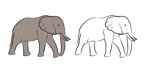 Black line drawing of an elephant on a white background isolated.