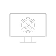 vector illustration on the theme of computer technology. computer monitor and repair sign in outline style on white background.