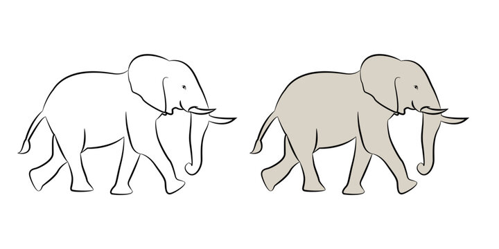 Black line drawing of an elephant on a white background isolated.