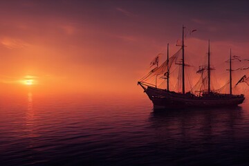 illustration of a old ship at sunset at sea