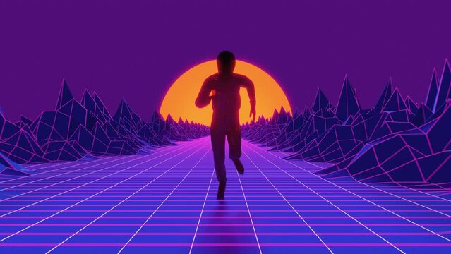 A 10-second VJ loop at 30 fps in a modernized 80s retro graphics style. A character in a motorcycle helmet is running with the setting sun in the back in an endless loop.
