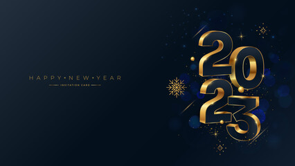 Fototapeta na wymiar Happy New Year 2023 gold numbers typography greeting card design. Merry Christmas invitation poster with golden decoration elements.