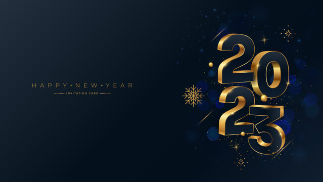 Happy New Year 2023 gold numbers typography greeting card design. Merry Christmas invitation poster with golden decoration elements.