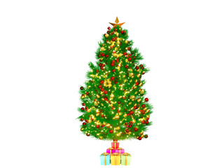 3D rendering Christmas tree or pine tree with  Round Christmas Ornament Balls and gift box,  in glass ball isolated on white background. Clipping path.