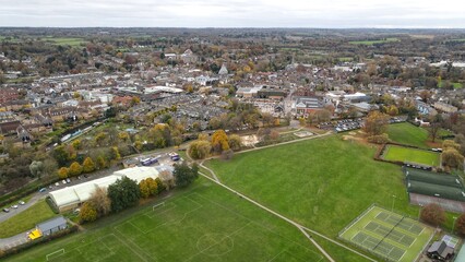 Hertford town centre Hertfordshire Uk town aerial drone view .