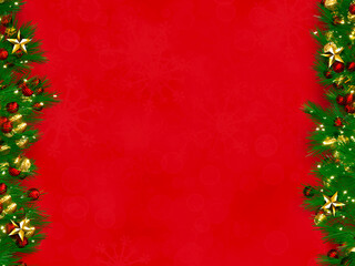 Obraz na płótnie Canvas Christmas background 3D rendering. Top view of Christmas gift box with spruce branches, pine cones on red background.