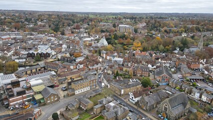 Hertford , town centre Hertfordshire Uk town aerial drone view .