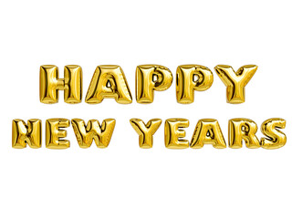Happy New Year gold text , golden foil balloons typography, 3d rendering isolated on white background. Clipping path.