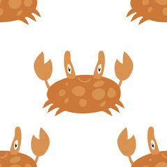 Seamless crab pattern. The sea is the ocean. A set of painted cartoon crabs in Scandinavian style. Underwater inhabitants. Design for wallpaper or textiles. Clothes for children. Shells.