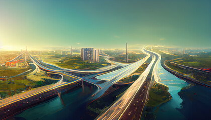Fototapeta na wymiar Abstract futuristic city with ultra speed highways, generative ai illustration
