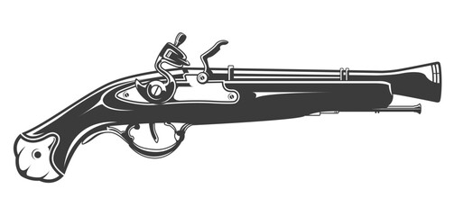 Old pirate firelock musket, ornate vintage pistol, old muzzle-loading shoulder gun, vector