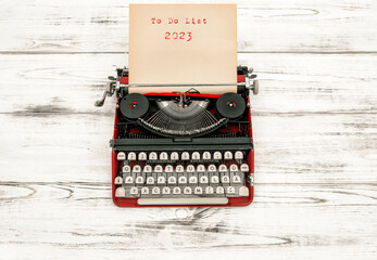 New Years Resolutions. Vintage typewriter To Do List 2023