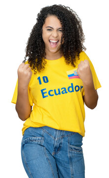 Cheering young woman from Ecuador with yellow football jersey