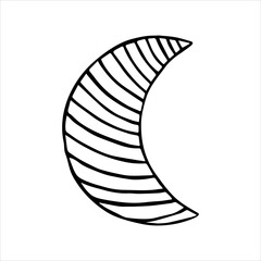 Hand drawn doodle moon crescent decorated with stripes. Isolated on white background