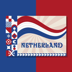 Netherland banner with cultural design. Independence day design for Netherland celebration. Modern neo geometric retro design with flag, map and abstract icons. Red and White. Vector Illustration