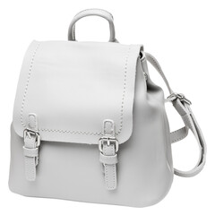 White women's bag backpack with straps and two fasteners, on a white background, isolate