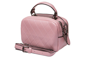 Small pink women's bag with two zippers, with a handle and a clip-on strap, isolate