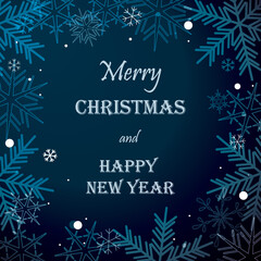 Fototapeta na wymiar dark blue vector greeting card with snowflakes - merry christmas and happy new year