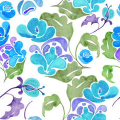 Paisley watercolor floral seamless pattern. Hand drawn whimsical ornament with abstract flowers: orchid, lotus, leaves. Painted ethnick folk motif for fabric, textile, wrapping design or print.