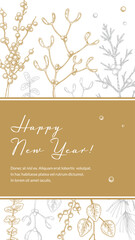 Merry Christmas and Happy New Year vertical greeting card with hand drawn golden botany elements. Vector illustration in sketch style. Festive background. Social media stories template